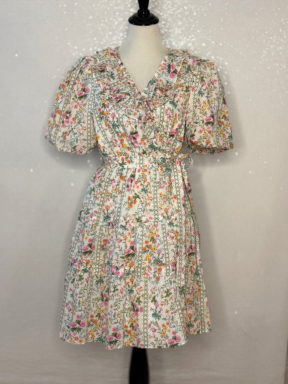 J.Marie Nora Ruffle Wrap Dress Large Floral Puff Sleeve Cotton NWT - Picture 4 of 16